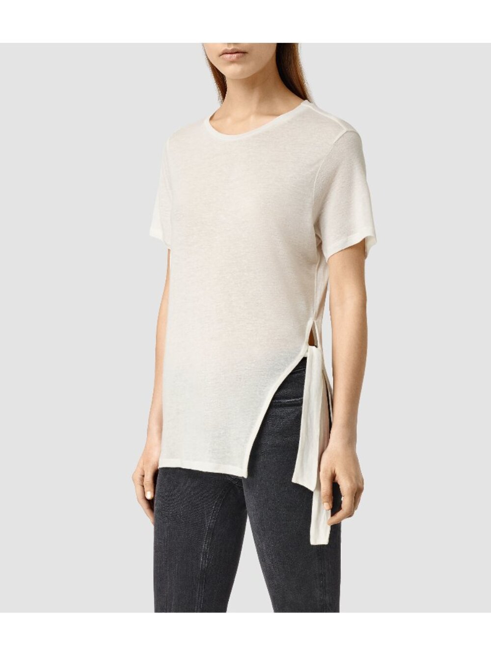 Allsaints Asymmetrical White Small  Short-Sleeve Side-Tie Sheer T-Shirt For Wome